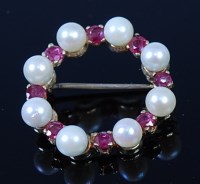 Lot 2108 - A 9ct gold, ruby and cultured pearl set brooch,...