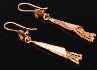 Lot 2027 - A pair of yellow metal ear pendants, each as...