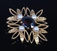 Lot 2144 - A modern 9ct gold, garnet and cultured pearl...