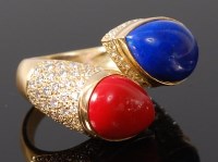 Lot 3318 - An 18ct gold, coral, lapis lazuli and diamond...