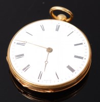 Lot 3338 - A Swiss 18ct gold cased gents open face pocket...