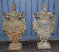 Lot 3648 - A pair of large cast iron pedestal garden urns...