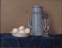 Lot 1507 - A. De Smedt - Still life with eggs, enamelled...