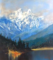 Lot 389 - Andrew John - An Alpine lake, oil on canvas...