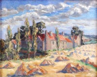 Lot 405 - Grace E Jelf - A Norfolk farm, oil on canvas,...