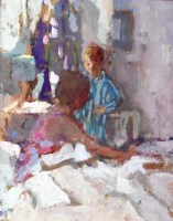 Lot 412 - Bernard Dunstan (b.1920) - Going to bed, oil...