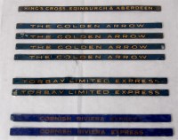 Lot 364 - 9 x Hornby train name boards including a set...