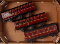 Lot 380 - 2x Exley maroon LMS 6 wheel coaches, 1st/3rd...