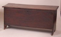 Lot 778 - A circa 1700 oak six plank coffer, the lid on...