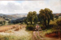 Lot 495 - J Morris - Extensive landscape with figures at...