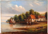 Lot 504 - J Shepherd - Sailing boats at Pin Mill, oil on...
