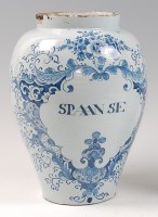 Lot 3 - An 18th century Delft drug jar, of baluster...