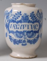 Lot 6 - An 18th century Delft drug jar, of baluster...