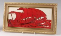 Lot 360 - A framed red lustre pottery rectangular tile,...