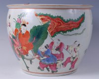 Lot 1295 - A large Chinese stoneware fish bowl, enamel...