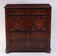 Lot 1508 - A Jacobean period geometric moulded oak chest,...