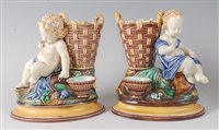 Lot 2089 - A pair of Victorian Wedgwood majolica vases,...