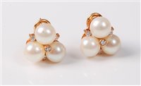 Lot 2204 - A pair of 18ct cultured pearl and diamond...