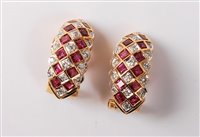 Lot 2278 - A pair of 18ct ruby and diamond earrings, the...