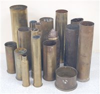 Lot 345 - Two boxes of WW I and later brass shell cases