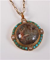 Lot 2656 - A reverse painted intaglio pendant and chain,...