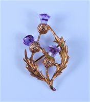 Lot 2664 - A 9ct Scottish amethyst thistle brooch, the...