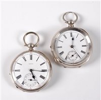 Lot 442 - Two silver pocket watches, the first with...
