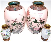 Lot 216 - A pair of Japanese cloisonné enamel vases (one...