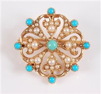 Lot 1154 - A turquoise and seed pearl brooch, the central...