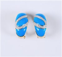 Lot 2589 - A pair of 14ct diamond and turquoise enamel...