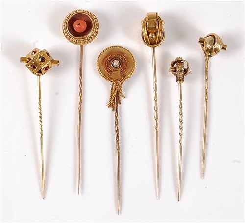 Lot 2507 - Six stick pins: to include an Etruscan revival...