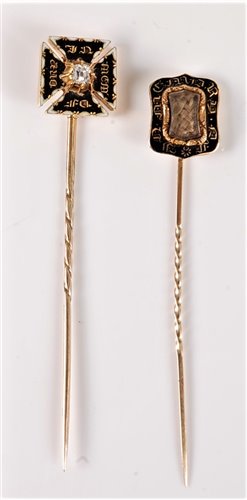 Lot 2535 - Two 19th century mourning stick pins: a...