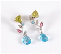 Lot 2629 - A pair of 18ct white gold multi gemset...