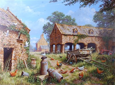 Lot 1529 - Edward Hersey (b.1948) - Chickens in a disused...