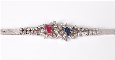 Lot 1274 - A contemporary 18ct white gold, ruby, sapphire...