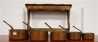 Lot 21 - A graduated set of five copper saucepans;...