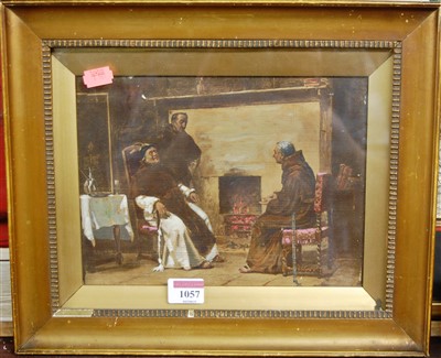 Lot 1057 - Interior scene with monks, overpainted print,...
