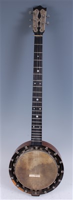 Lot 602 - An early 20th century rosewood and boxwood strung five string banjo