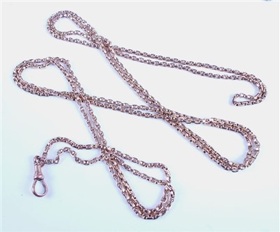 Lot 2597 - A 9ct gold belcher link long guard chain,...