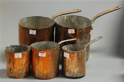 Lot 15 - A set of five 19th century riveted copper pans,...