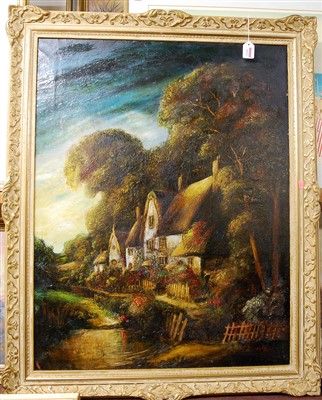 Lot 1012 - English school - thatched cottage in wooded...