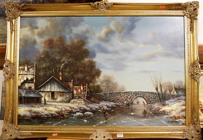 Lot 1016 - G Schroter - Skaters on a Dutch canal, oil on...