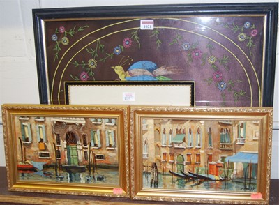 Lot 1021 - Framed silkwork, together with continental...