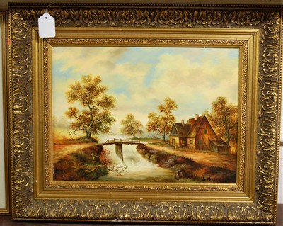 Lot 1041 - S Nilson - Timber cottage on a river bank, oil...