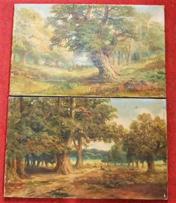 Lot 1054 - J Lewis - Deer in woodland clearing, pair, oil...
