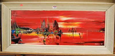 Lot 1058 - Contemporary school - boats at sunset, oil on...