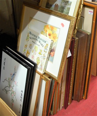 Lot 1087 - Assorted pictures and prints, wicker hamper,...