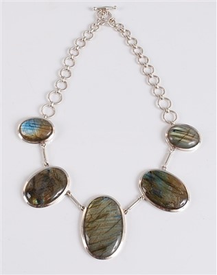 Lot 2534 - A sterling silver labradorite necklet, the 5...