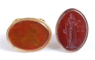 Lot 2582 - Two yellow metal fob seals, one set with an...
