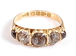 Lot 2579 - An 18ct yellow gold five-stone spinel half...